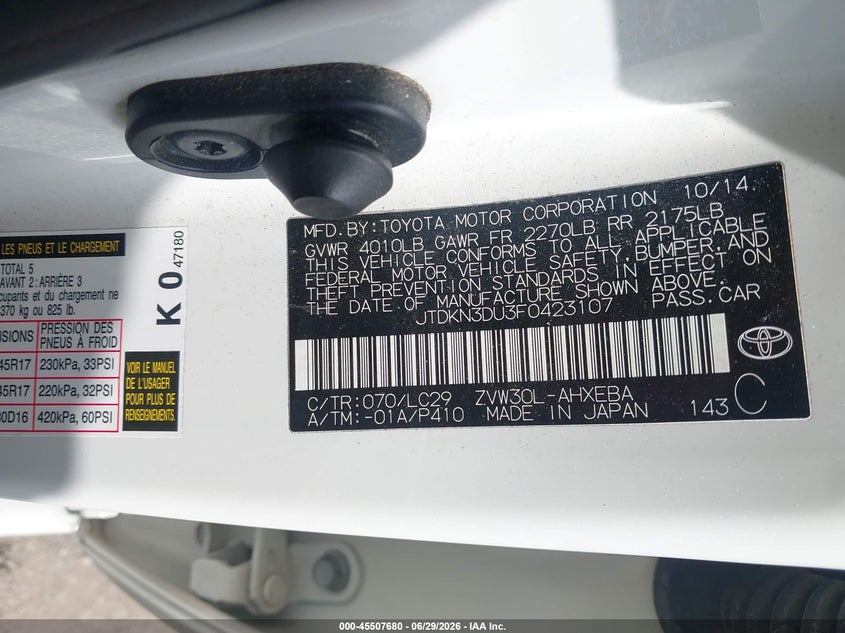 2015 Toyota Prius VIN JTDKN3DU3F0423107 IAAI salvage auction — NORMAL WEAR, Clear (Missouri), sold $3,850 on 2026-07-08 (photo 9)