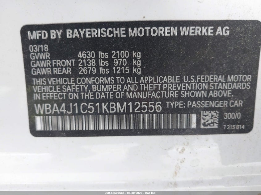 2019 BMW 4er VIN WBA4J1C51KBM12556 IAAI salvage auction — FRONT END, Salvage (California), sold $1,325 on 2026-08-01 (photo 9)