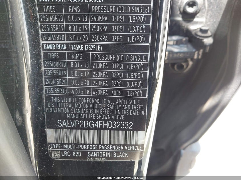 2015 Land rover Range rover evoque VIN SALVP2BG4FH032332 IAAI salvage auction — ENGINE DAMAGE, Clear (Florida), sold $375 on 2026-07-29 (photo 9)
