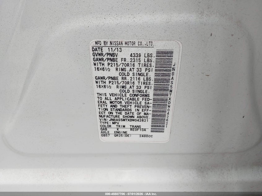 2013 Nissan Rogue VIN JN8AS5MTXDW042621 IAAI salvage auction — HAIL, Certificate Of Title (Nebraska), sold $475 on 2026-07-30 (photo 9)