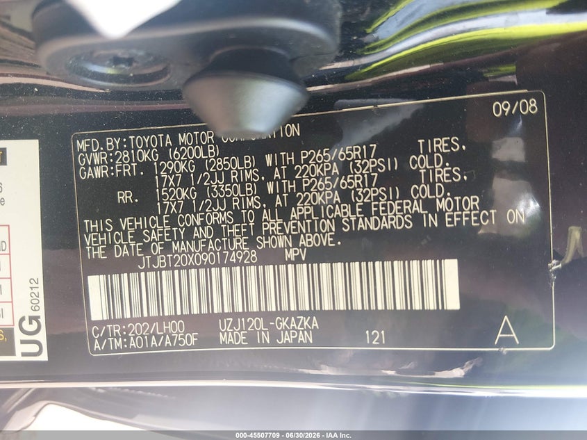 2009 Lexus Gx 470 VIN JTJBT20X090174928 IAAI salvage auction — REAR END, Salvage (Mississippi), sold $125 on 2026-07-30 (photo 9)