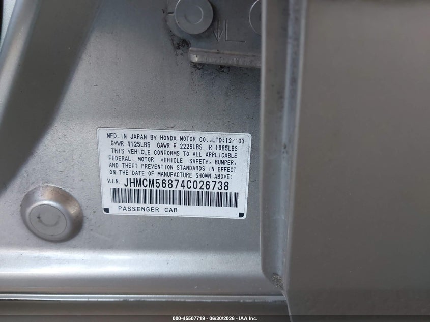 2004 Honda Accord VIN JHMCM56874C026738 IAAI salvage auction — NORMAL WEAR, Clear - Dealer Only (California), sold $1,800 on 2026-07-07 (photo 9)