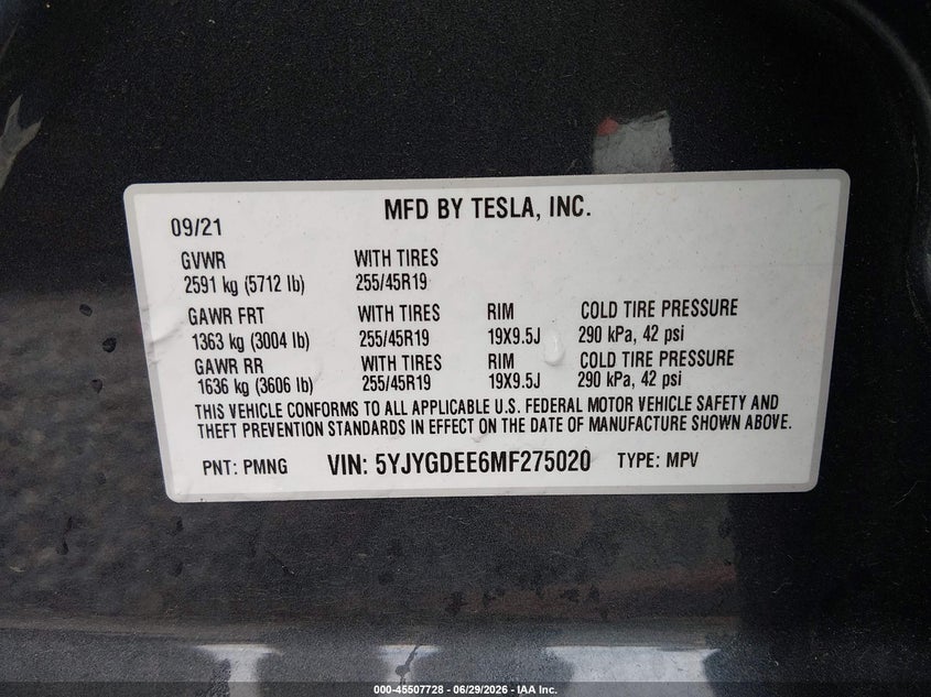 2021 Tesla Model y VIN 5YJYGDEE6MF275020 IAAI salvage auction — FRONT END, Bill Of Sale (Washington), sold $9,700 on 2026-07-29 (photo 9)