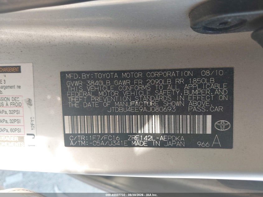 2010 Toyota Corolla VIN JTDBU4EE9AJ080693 IAAI salvage auction — NORMAL WEAR, Clear (Massachusetts), sold $1,900 on 2026-07-07 (photo 9)