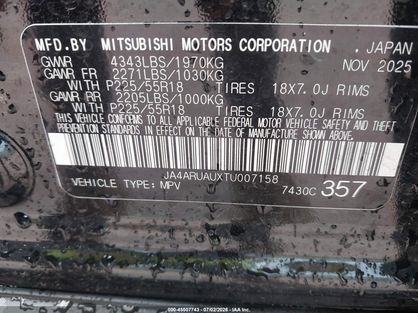 2026 Mitsubishi Outlander VIN JA4ARUAUXTU007158 IAAI salvage auction — FRONT END, Enterprise Vehicles Clear Only (Illinois), sold $10,900 on 2026-07-14 (photo 9)