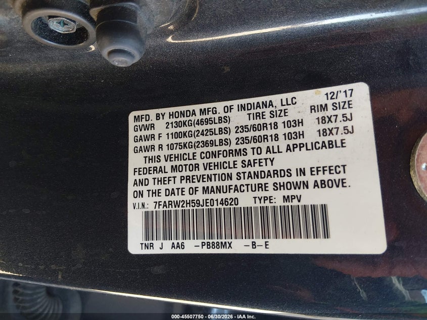 2018 Honda Cr-v VIN 7FARW2H59JE014620 IAAI salvage auction — FRONT END, Salvage Title, sold $4,850 on 2026-08-03 (photo 9)