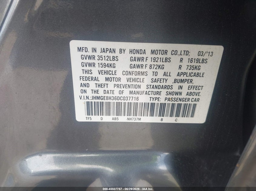 2013 Honda Fit VIN JHMGE8H36DC037716 IAAI salvage auction — FRONT END, Salvage (California), sold $1,100 on 2026-07-30 (photo 9)