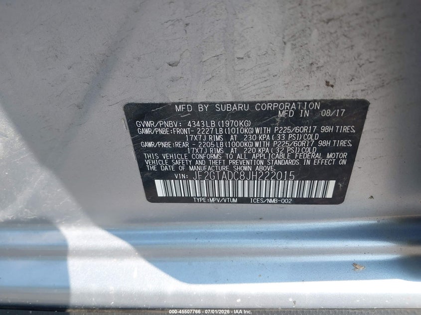2018 Subaru Xv VIN JF2GTADC8JH222015 IAAI salvage auction — FRONT END, Mv-907A (New York), sold $225 on 2026-07-28 (photo 9)