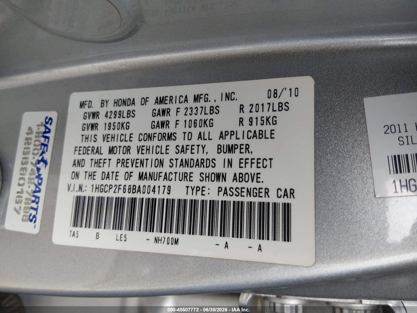 2011 Honda Accord VIN 1HGCP2F68BA004179 IAAI salvage auction — FRONT END, Salvage (California), sold $2,000 on 2026-08-20 (photo 9)