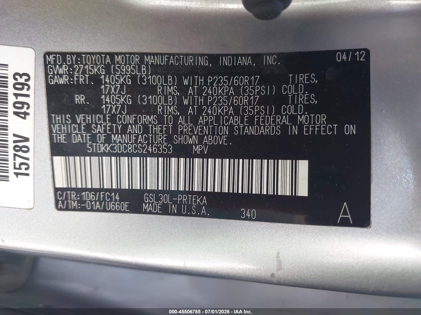 2012 Toyota Sienna VIN 5TDKK3DC8CS246353 IAAI salvage auction — FRONT END, Salvage (Arizona), sold $500 on 2026-07-28 (photo 9)