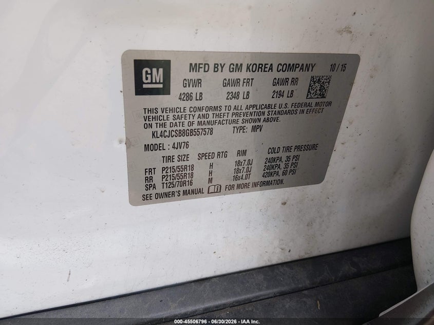 2016 Buick Encore VIN KL4CJCSB8GB557578 IAAI salvage auction — FRONT END, Clear (Illinois), sold $675 on 2026-07-08 (photo 9)