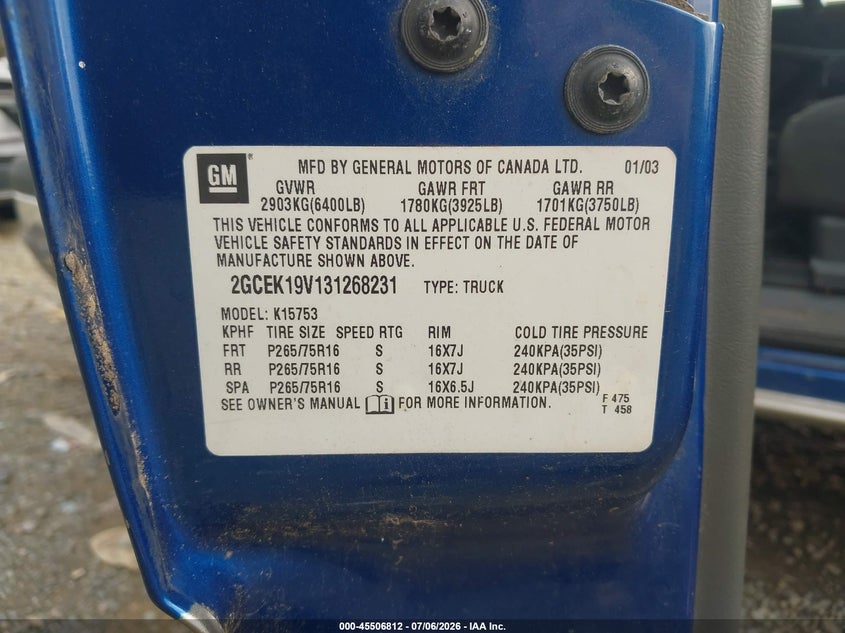 2003 Chevrolet Silverado 1500 VIN 2GCEK19V131268231 IAAI salvage auction — NORMAL WEAR, Clear (Maryland), sold $825 on 2026-07-09 (photo 9)