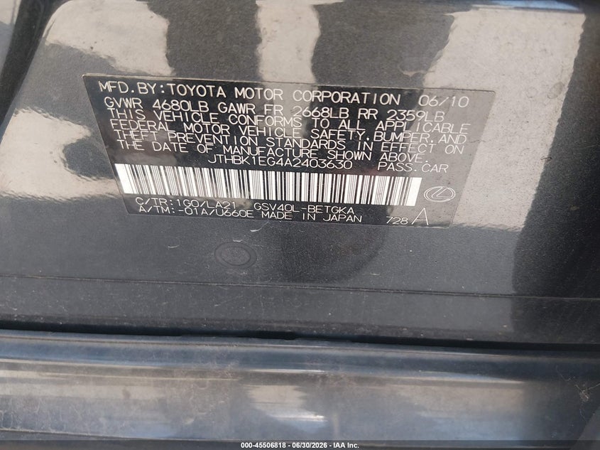2010 Lexus Es 350 VIN JTHBK1EG4A2403630 IAAI salvage auction — NORMAL WEAR, Original (Texas), sold $1,200 on 2026-07-17 (photo 9)