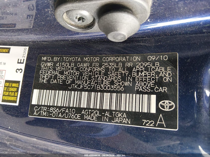 2011 Scion Tc VIN JTKJF5C71B3003556 IAAI salvage auction — NORMAL WEAR, Salvage (Nevada), sold $400 on 2026-07-31 (photo 9)
