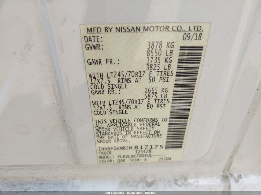 2018 Nissan Nv VIN 1N6BF0KM8JN817175 IAAI salvage auction — UNKNOWN, Salvage - Greater Than 75% (Maryland), sold $1,550 on 2026-07-22 (photo 9)