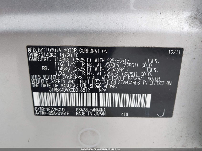 2012 Toyota Rav 4 VIN JTMBK4DVXCD018812 IAAI salvage auction — NORMAL WEAR, Clear (Washington), sold $7,625 on 2026-07-08 (photo 9)