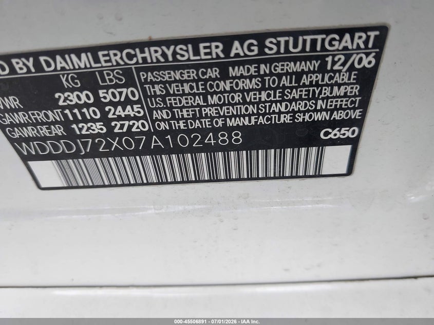 2007 Mercedes-benz Cls-klasse VIN WDDDJ72X07A102488 IAAI salvage auction — LEFT FRONT, Original (Texas), sold $975 on 2026-08-12 (photo 9)