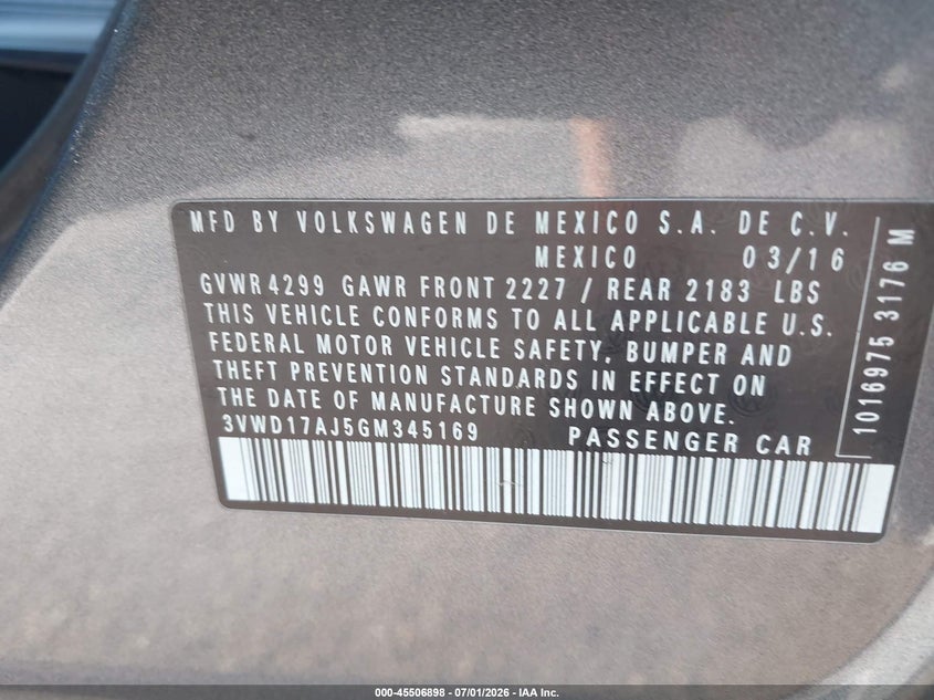 2016 Volkswagen Jetta VIN 3VWD17AJ5GM345169 IAAI salvage auction — FRONT END, Rebuildable (Florida), sold $1,400 on 2026-07-09 (photo 9)