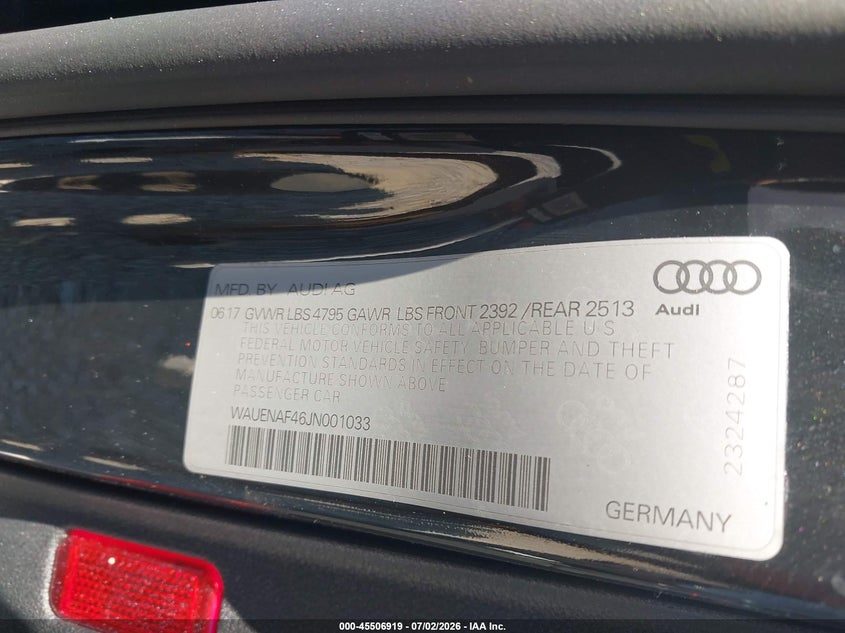 2018 Audi A4 VIN WAUENAF46JN001033 IAAI salvage auction — WATER/FLOOD, Flood (Mississippi), sold $5,650 on 2026-07-31 (photo 9)