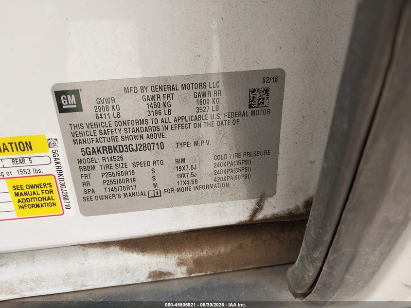 2016 Buick Enclave VIN 5GAKRBKD3GJ280710 IAAI salvage auction — FRONT END, Salvage (Texas), sold $425 on 2026-07-16 (photo 9)