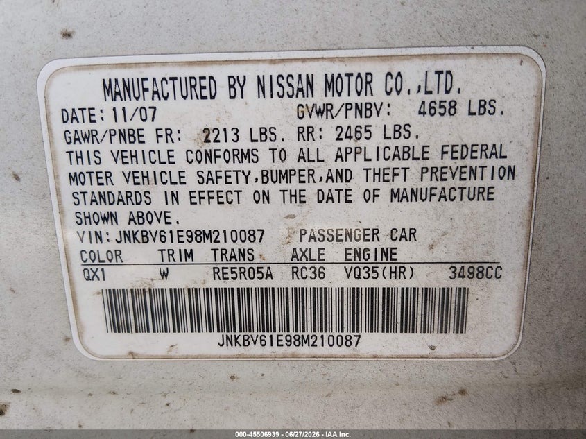 2008 Infiniti G35 VIN JNKBV61E98M210087 IAAI salvage auction — NORMAL WEAR, Clear (Alabama), sold $300 on 2026-07-27 (photo 9)