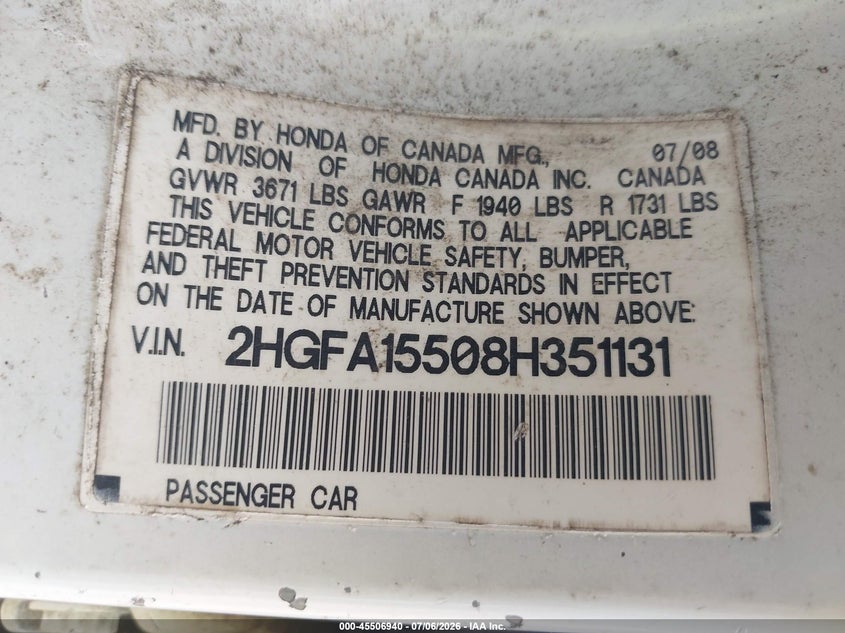 2008 Honda Civic VIN 2HGFA15508H351131 IAAI salvage auction — NORMAL WEAR, Clear (North Carolina), sold $275 on 2026-07-18 (photo 9)