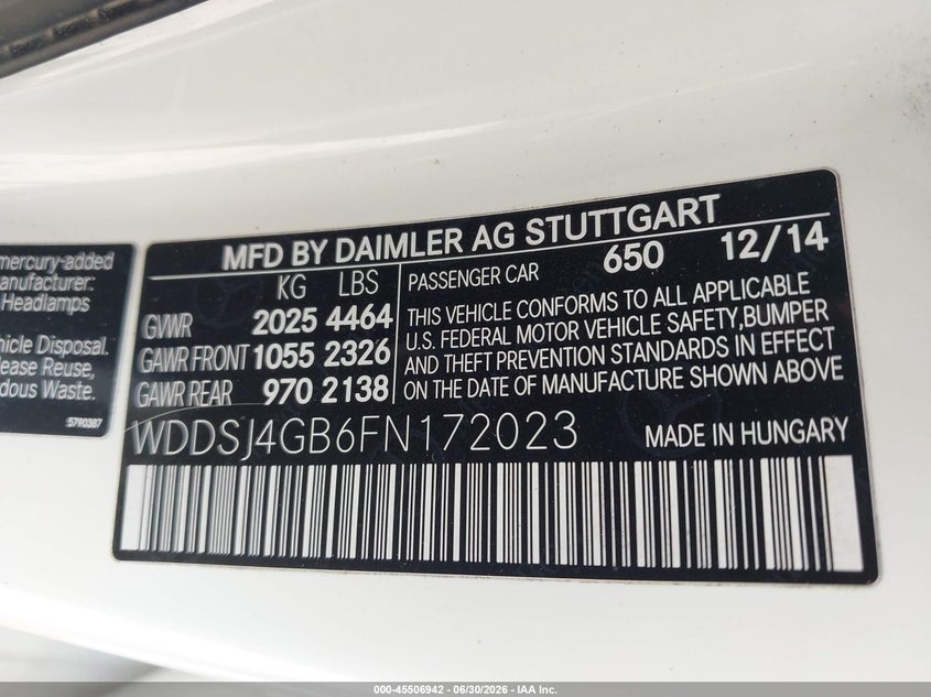 2015 Mercedes-benz Cla-klasse VIN WDDSJ4GB6FN172023 IAAI salvage auction — RIGHT REAR, Salvage Title, sold $3,550 on 2026-07-27 (photo 9)