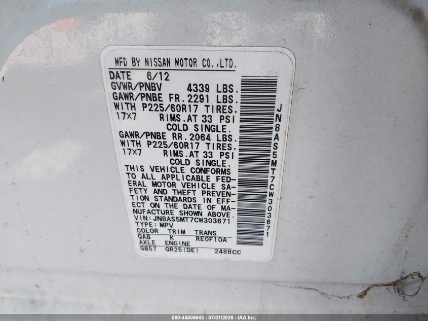 2012 Nissan Rogue VIN JN8AS5MT7CW303671 IAAI salvage auction — FRONT END, Clear (Alabama), sold $250 on 2026-07-30 (photo 9)