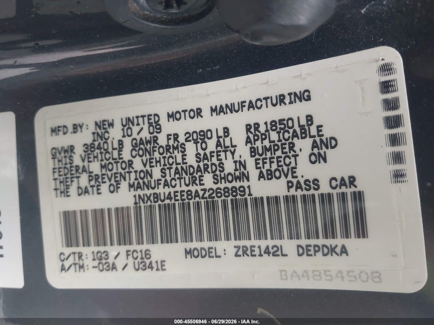 2010 Toyota Corolla VIN 1NXBU4EE8AZ268891 IAAI salvage auction — NORMAL WEAR, Rebuilt/Restored (Utah), sold $1,475 on 2026-07-09 (photo 9)