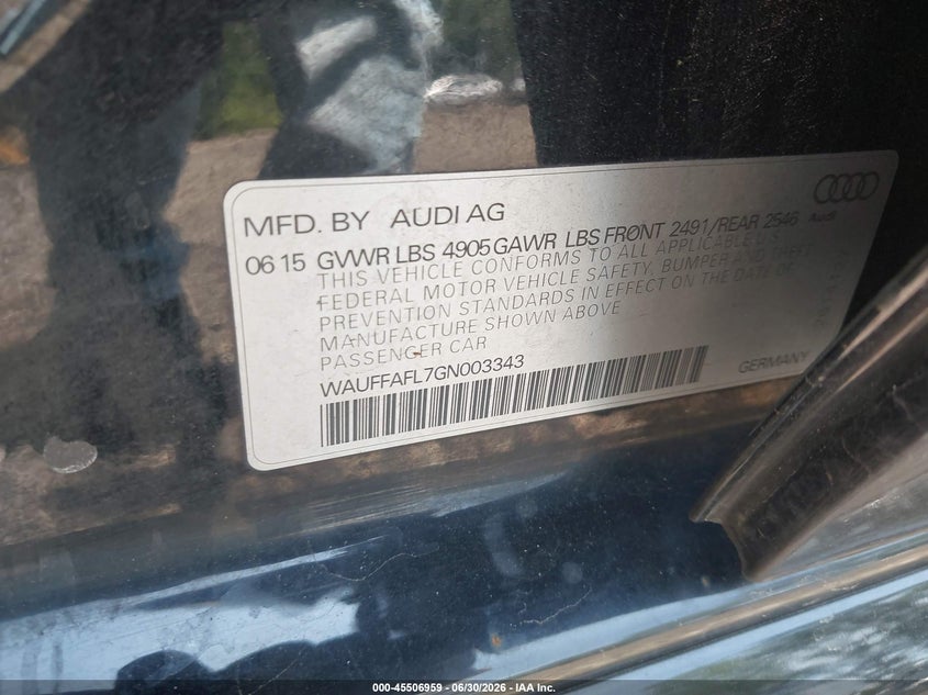 2016 Audi A4 VIN WAUFFAFL7GN003343 IAAI salvage auction — FRONT END, Salvage (Virginia), sold $25 on 2026-07-28 (photo 9)