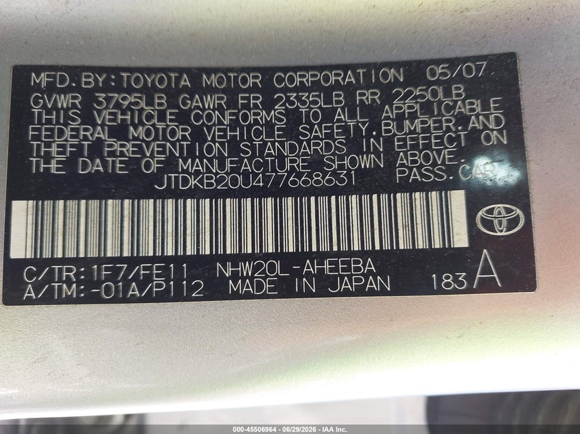 2007 Toyota Prius VIN JTDKB20U477668631 IAAI salvage auction — NORMAL WEAR, App For Dup Clear (California), sold $375 on 2026-07-28 (photo 9)