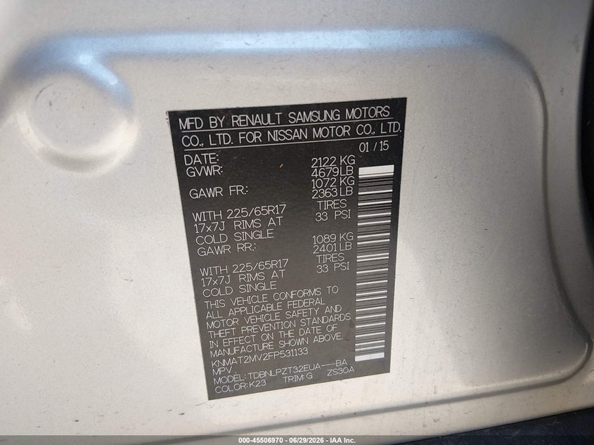2015 Nissan Rogue VIN KNMAT2MV2FP531133 IAAI salvage auction — RIGHT FRONT, Salvage Title, sold $350 on 2026-07-16 (photo 9)