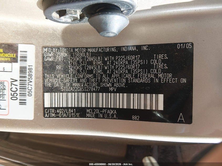 2005 Toyota Sienna VIN 5TDZA22C85S278477 IAAI salvage auction — FRONT END, Salvage (Missouri), sold $550 on 2026-07-30 (photo 9)