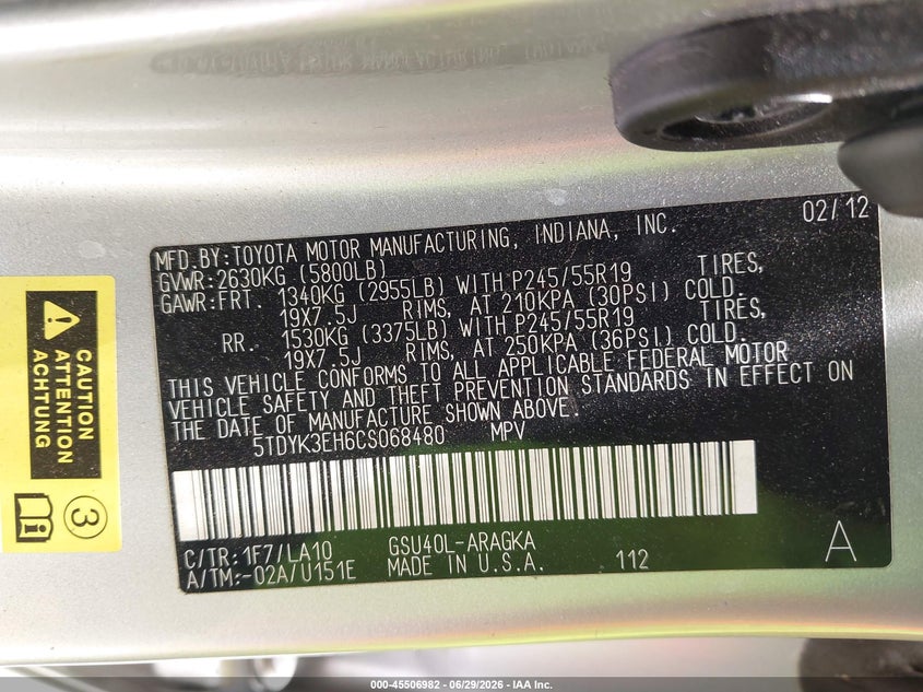 2012 Toyota Highlander VIN 5TDYK3EH6CS068480 IAAI salvage auction — NORMAL WEAR, Clear (Texas), sold $4,950 on 2026-07-09 (photo 9)
