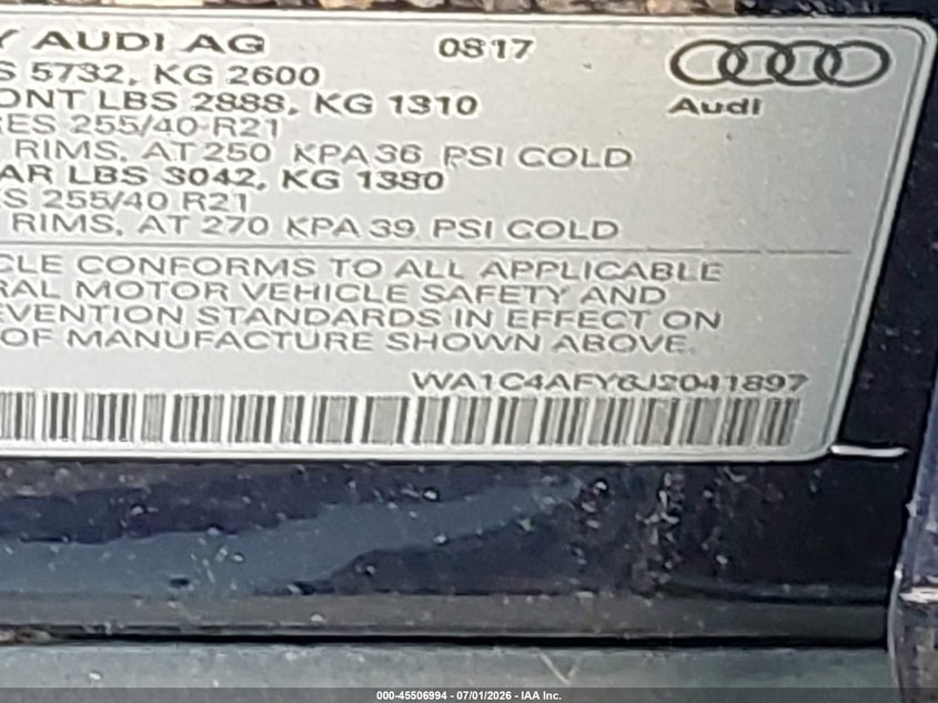 2018 Audi Sq5 VIN WA1C4AFY6J2041897 IAAI salvage auction — FRONT END, Mv-907A (New York), sold $6,650 on 2026-07-28 (photo 9)