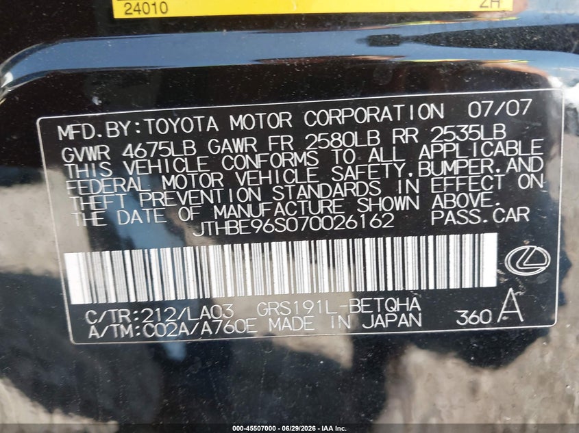 2007 Lexus Gs 350 VIN JTHBE96S070026162 IAAI salvage auction — FRONT END, Clear (Tennessee), sold $25 on 2026-07-30 (photo 9)
