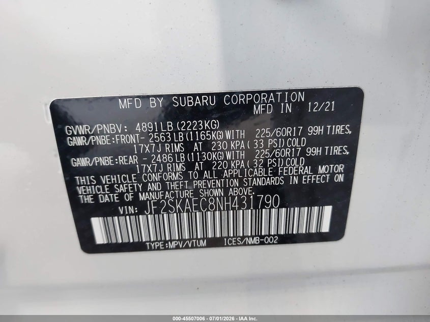 2022 Subaru Forester VIN JF2SKAEC8NH431790 IAAI salvage auction — FRONT END, Salvage Title, sold $2,800 on 2026-08-01 (photo 9)