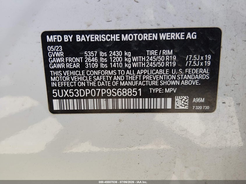 2023 BMW X3 VIN 5UX53DP07P9S68851 IAAI salvage auction — LEFT FRONT, Salvage (North Carolina), sold $13,800 on 2026-07-26 (photo 9)