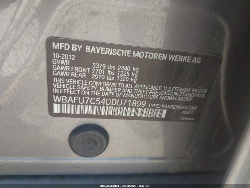 2013 BMW 5er VIN WBAFU7C54DDU71899 IAAI salvage auction — FRONT END, Mv-907A (New York), sold $525 on 2026-07-22 (photo 9)