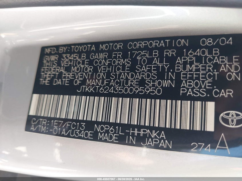 2005 Scion Xa VIN JTKKT624350095950 IAAI salvage auction — NORMAL WEAR, Original (Texas), sold $675 on 2026-07-27 (photo 9)