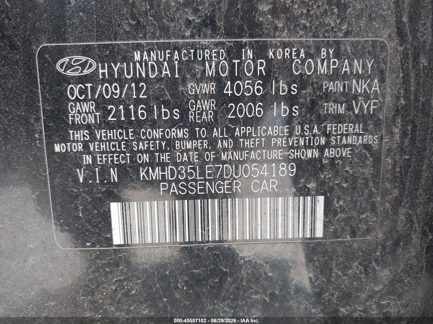 2013 Hyundai Elantra VIN KMHD35LE7DU054189 IAAI salvage auction — NORMAL WEAR, Regular Certificate (Iowa), sold $875 on 2026-07-08 (photo 9)