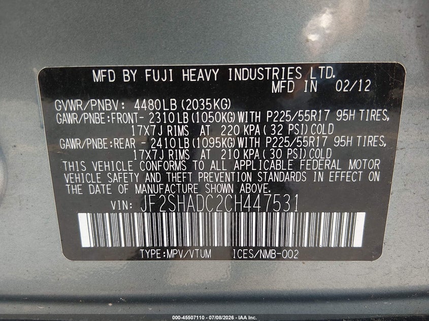 2012 Subaru Forester VIN JF2SHADC2CH447531 IAAI salvage auction — UNDERCARRIAGE, Salvage (Connecticut), sold $425 on 2026-07-30 (photo 9)