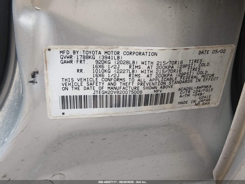 2002 Toyota Rav 4 VIN JTEGH20V820075008 IAAI salvage auction — SIDE, Salvage (Texas), sold $375 on 2026-07-22 (photo 9)