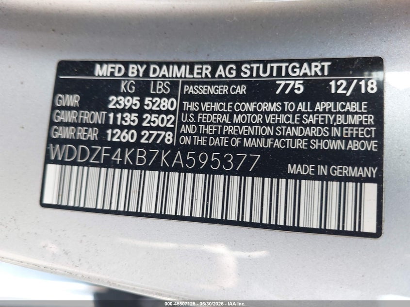 2019 Mercedes-benz E-klasse VIN WDDZF4KB7KA595377 IAAI salvage auction — FRONT END, Salvage Title, sold $8,650 on 2026-08-10 (photo 9)