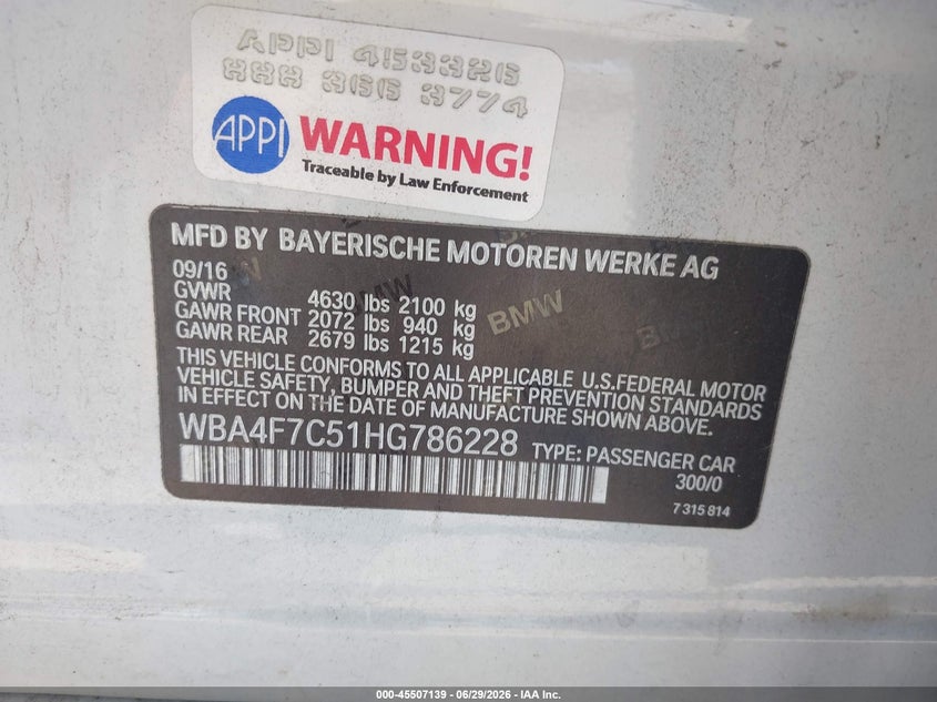 2017 BMW 4er VIN WBA4F7C51HG786228 IAAI salvage auction — RIGHT FRONT, Salvage (California), sold $1,500 on 2026-07-28 (photo 9)