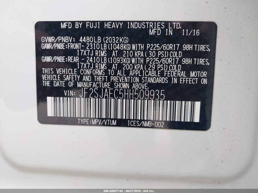 2017 Subaru Forester VIN JF2SJAEC5HH509935 IAAI salvage auction — UNKNOWN, Clear - Dealer Only (California), sold $7,100 on 2026-07-29 (photo 9)