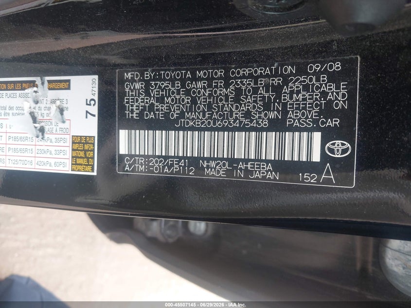 2009 Toyota Prius VIN JTDKB20U693475438 IAAI salvage auction — REAR END, Clear (Virginia), sold $825 on 2026-07-23 (photo 9)