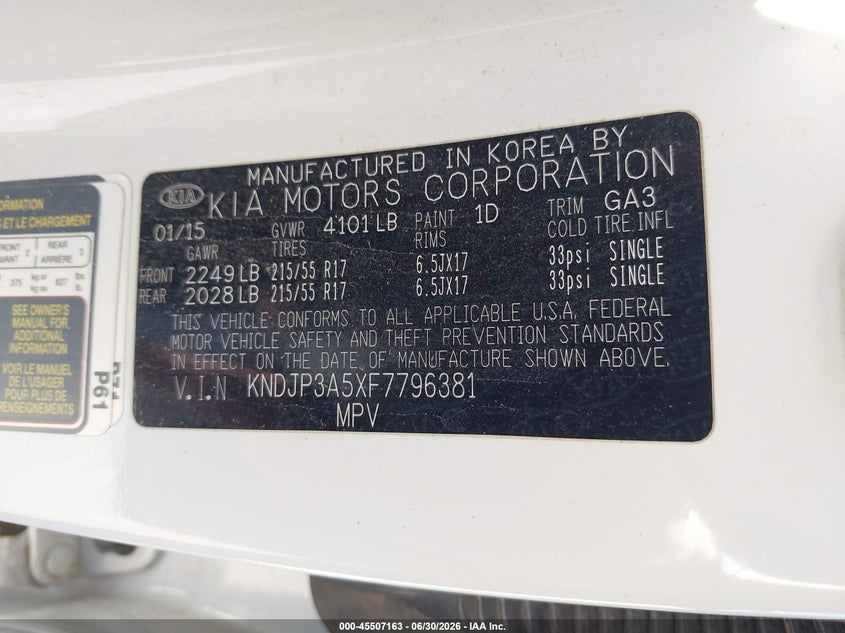 2015 Kia Soul VIN KNDJP3A5XF7796381 IAAI salvage auction — ROOF, Salvage (Arizona), sold $25 on 2026-07-23 (photo 9)