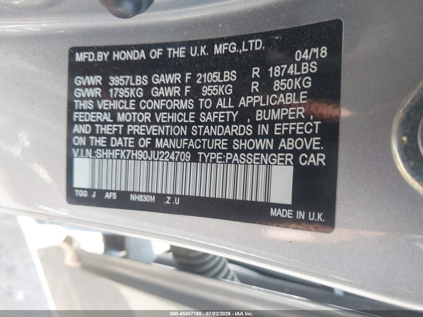 2018 Honda Civic VIN SHHFK7H90JU224709 IAAI salvage auction — FRONT END, Salvage (North Carolina), sold $5,100 on 2026-07-23 (photo 9)