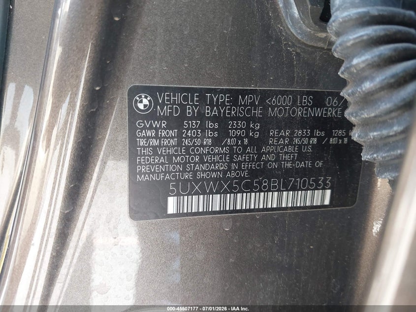 2011 BMW X3 VIN 5UXWX5C58BL710533 IAAI salvage auction — REAR END, Salvage (California), sold $4,600 on 2026-07-20 (photo 9)